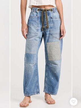 Free People Moxie Pull-On Barrel Jeans We The Free Blue Patchwork Boyfriend 31